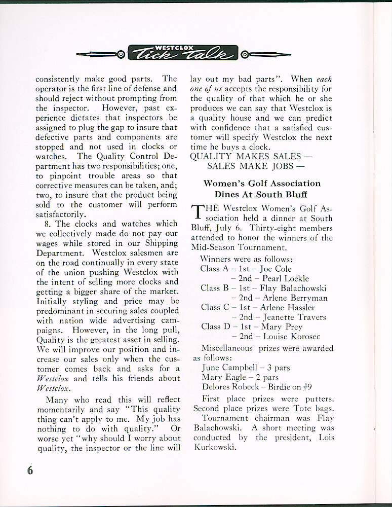 Westclox Tick Talk July 1964 > 6. Manufacturing: "Quality - By Donald A. Dwornick - Manager Of Quality Control—Consumer And Industrial Products"