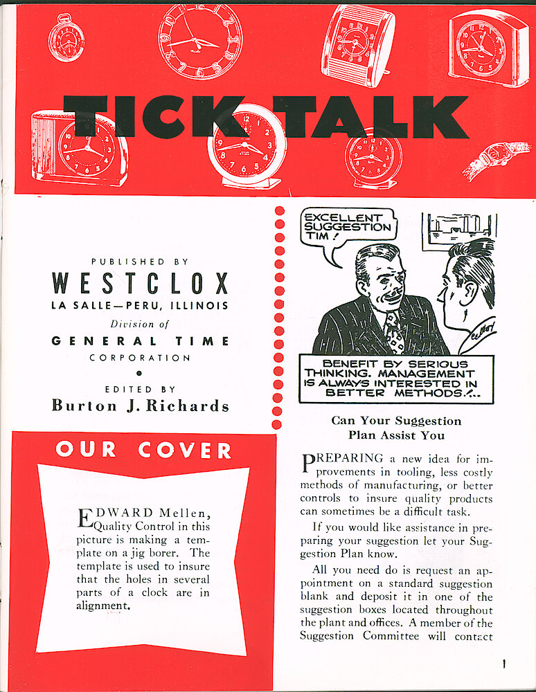 Westclox Tick Talk August 1964 > 1. Cover Caption: "Edward Mellon, Quality Control In This Picture Is Making A Template On A Jig Borer. The Template Is Used To Insure That The Holes In Several Parts Of A Clock Are In Alignment."