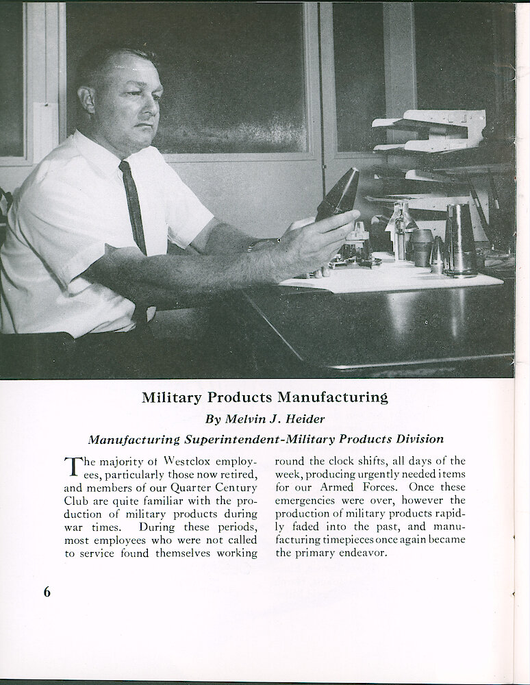 Westclox Tick Talk August 1964 > 6. Manufacturing: "Military Products Manufacturing By Melvin J. Heider, Manufacturing Superintendent—Military Products Division"