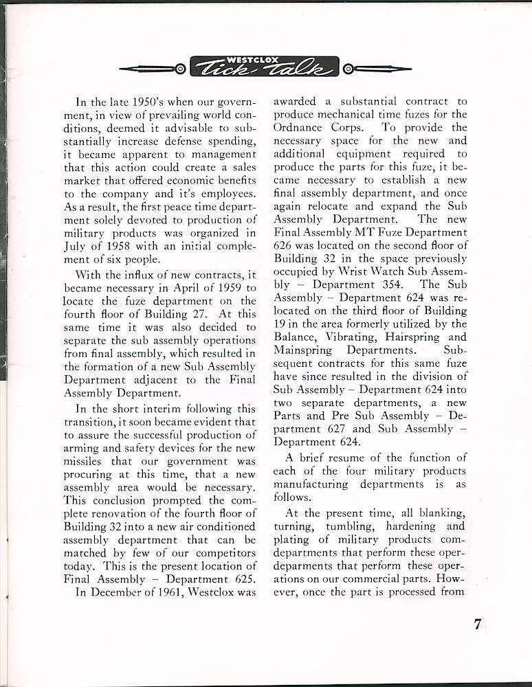 Westclox Tick Talk August 1964 > 7. Manufacturing: "Military Products Manufacturing By Melvin J. Heider, Manufacturing Superintendent—Military Products Division"