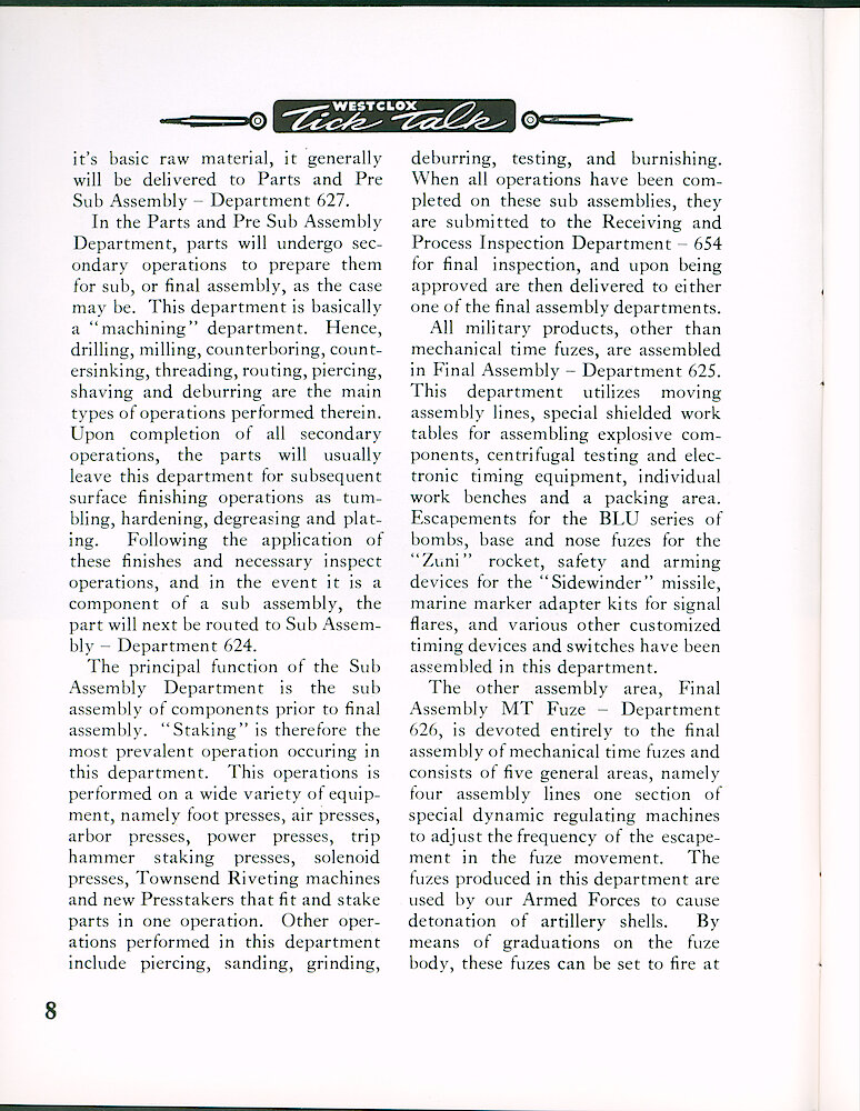 Westclox Tick Talk August 1964 > 8. Manufacturing: "Military Products Manufacturing By Melvin J. Heider, Manufacturing Superintendent—Military Products Division"