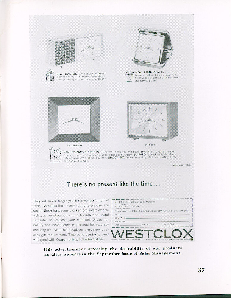 Westclox Tick Talk August 1964 > 37. Advertisement: Marketing: This Ad Appears In The September Issue Of Sales Management. It Shows Tangier, Touralarm II, Shadow Box And Sanford.