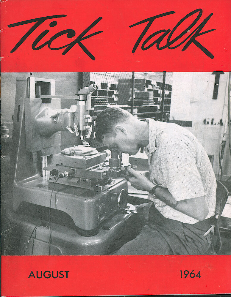 Westclox Tick Talk August 1964 > F. Manufacturing: "Edward Mellon, Quality Control In This Picture Is Making A Template On A Jig Borer. The Template Is Used To Insure That The Holes In Several Parts Of A Clock Are In Alignment." Caption On Page 1.