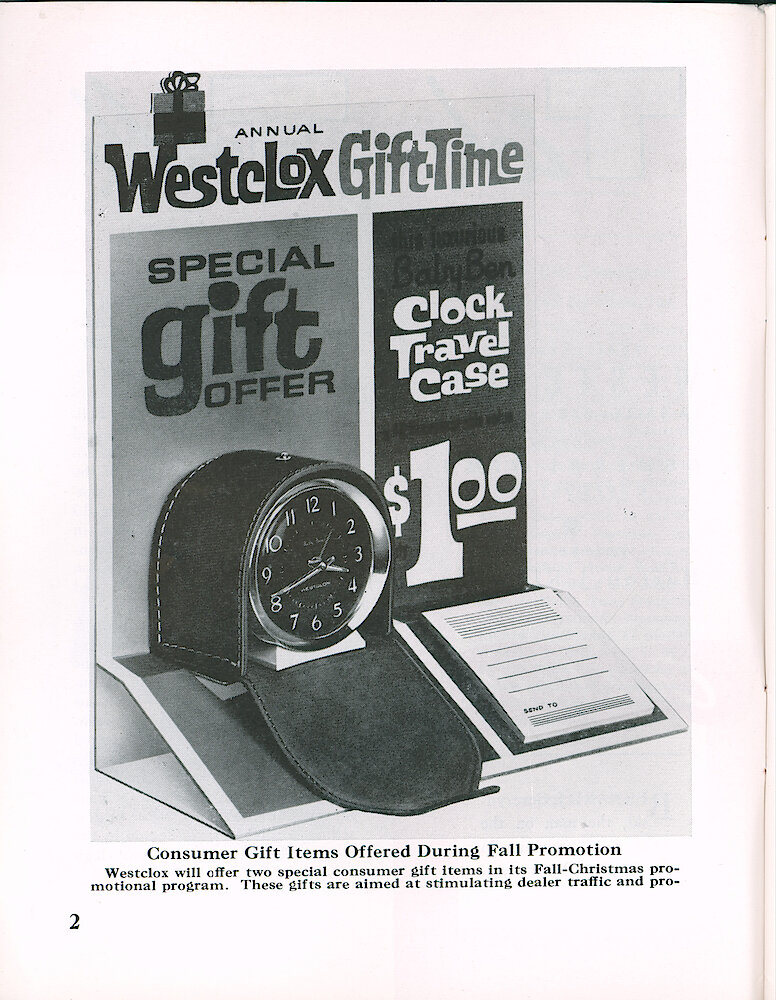 Westclox Tick Talk September 1964 > 2. Marketing: "Consumer Gift Items Offered During Fall Promotions" Caption On Pages 2 And 3. Travel Case For Baby Ben, A $3.00 Value, For Just $1.00 Plus A Baby Ben Box Top. "