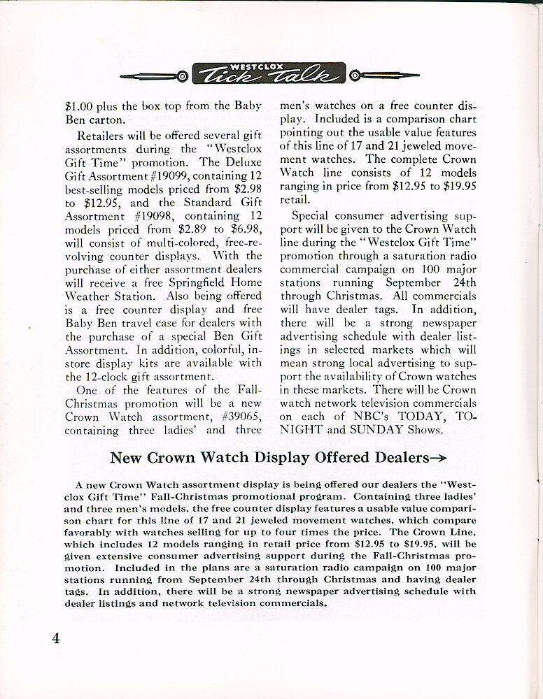 Westclox Tick Talk September 1964 > 4. Marketing: "Westclox Conducting Extensive Fall—Christmas Promotional Campaign" Picture Caption: For Page 5 Crown Line Watch Display.