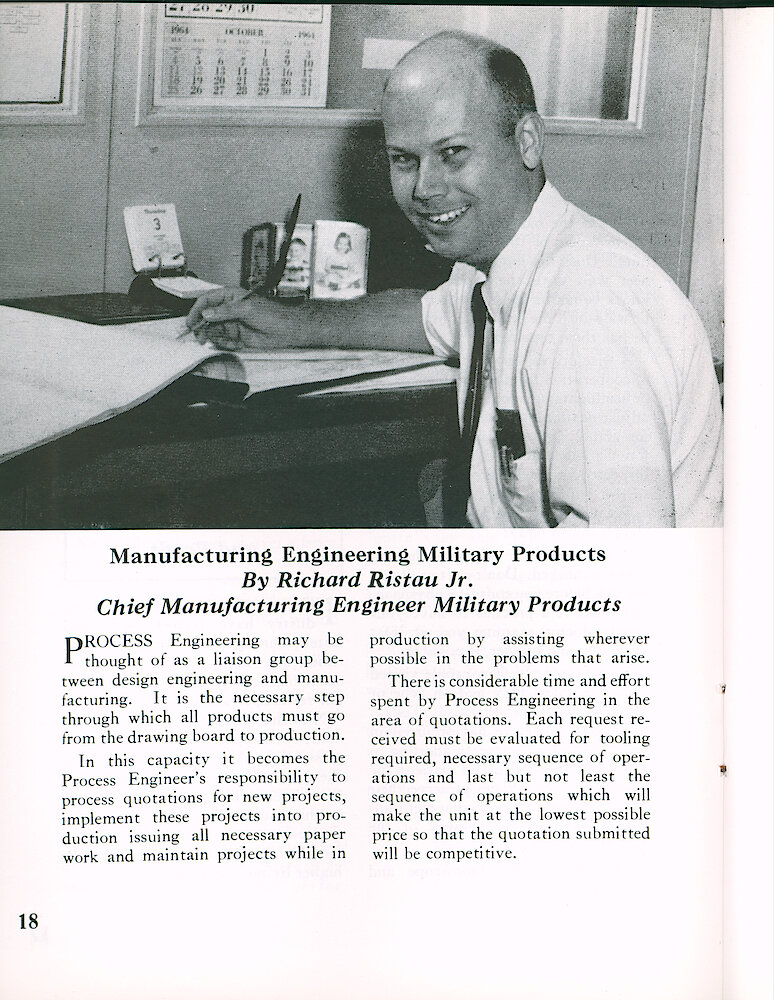 Westclox Tick Talk September 1964 > 18. Manufacturing: "Manufacturing Engineering Military Products" By Richard Ristow Jr., Chief Manufacturing Engineer Military Products