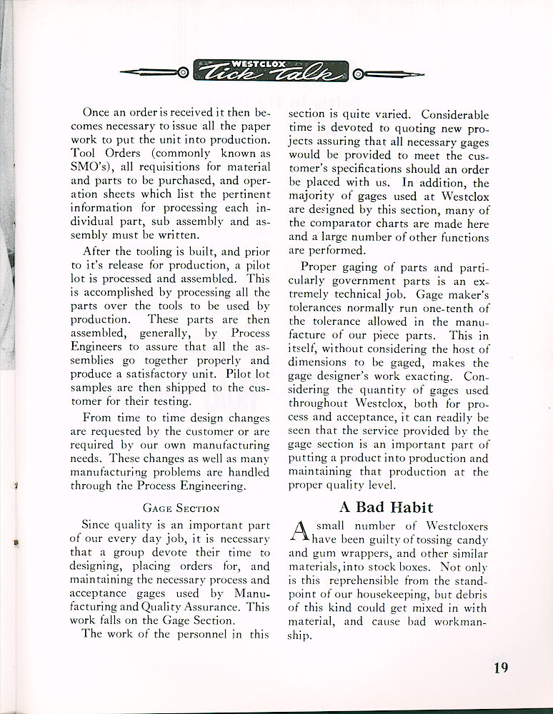 Westclox Tick Talk September 1964 > 19. Manufacturing: "Manufacturing Engineering Military Products" By Richard Ristow Jr., Chief Manufacturing Engineer Military Products