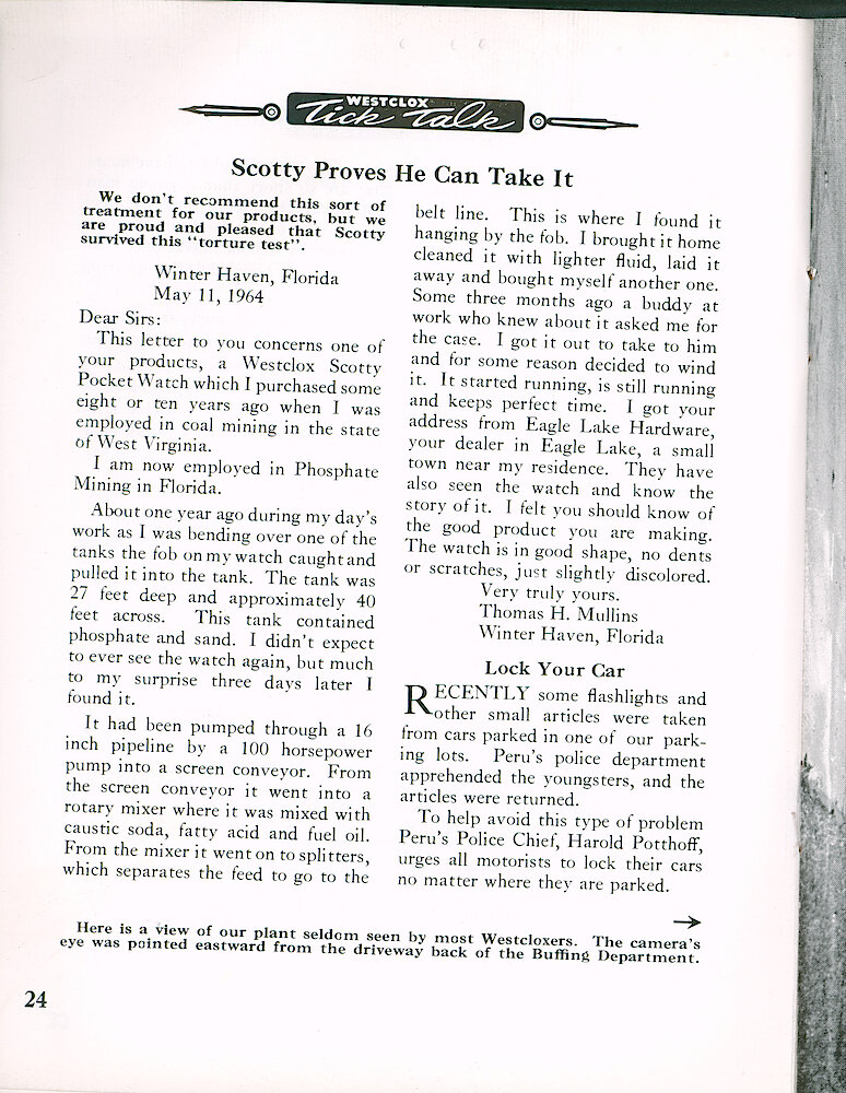 Westclox Tick Talk September 1964 > 24. Historical Picture Caption: For Page 25 "Here Is A View Of Our Plant Seldom Seen By Most Westcloxers. The Camera&039;s Eye Was Pointed Eastward From The Driveway Back Of The Buffing Department."