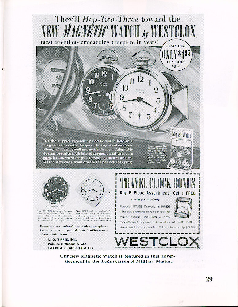 Westclox Tick Talk September 1964 > 29. Advertisement: Ad Featuring Magnetic Watch That Ran In The August Issue Of Military Market. Also Shows New America II Alarm And Pert Electric Wall Clock.