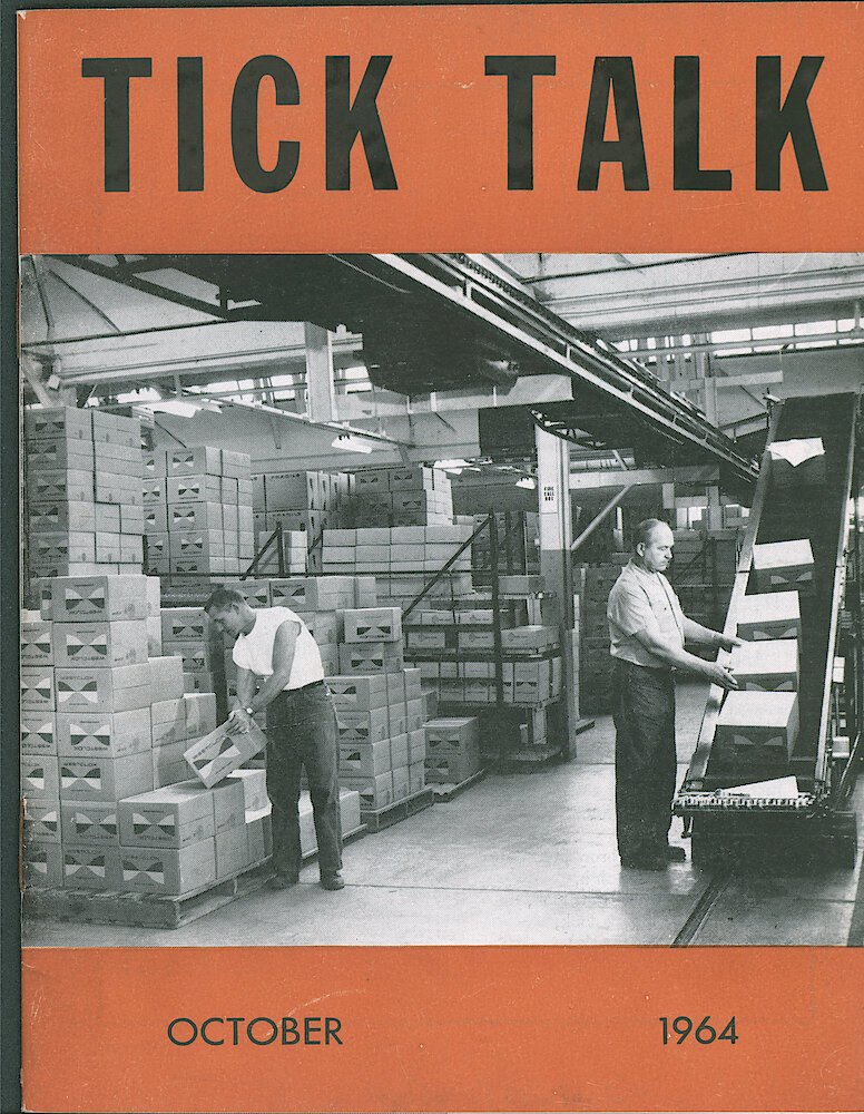 Westclox Tick Talk October 1964 > F. Manufacturing: "This Is A View On Our Shipping Department. On The Left Is Bernard Ellerbrock, And The Man Placing The Carton On The Movable Conveyor Is Ladislaus Brucki." Caption On Page 1.