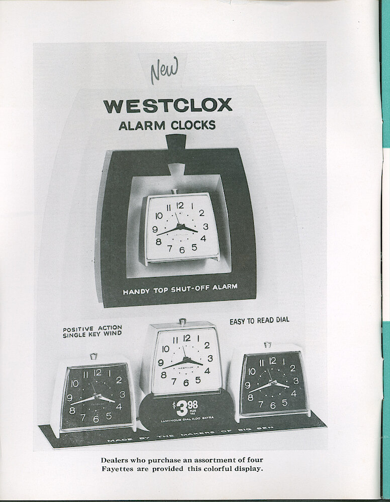 Westclox Tick Talk January-February 1965. Marketing: Dealer Display Of Four Fayette Alarm Clocks.