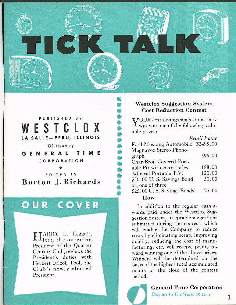 Westclox Tick Talk January-February 1965 > 1. Personnel: "Westclox Suggestion System Cost Reduction Contest" Prizes Range From A $25 Savings Bond To A $2495 Ford Mustang.