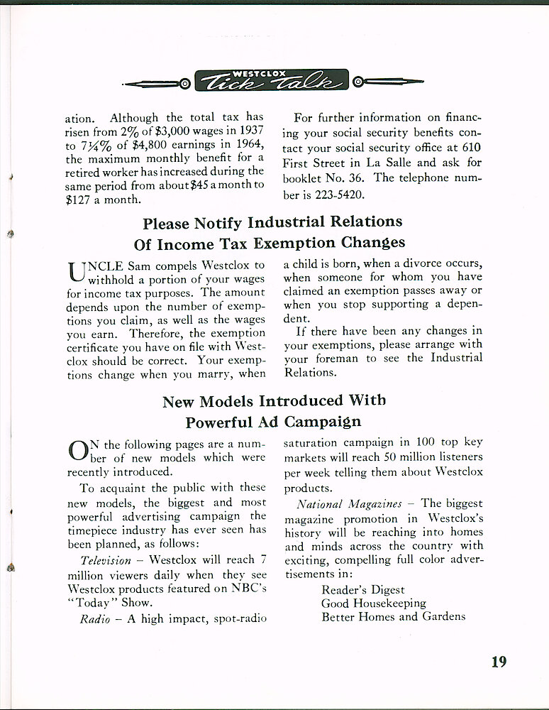 Westclox Tick Talk January-February 1965 > 19. Marketing: New Models Introduced With Powerful Ad Campaign" Television, Radio And National Magazines.