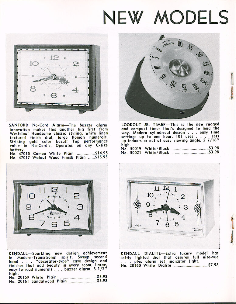 Westclox Tick Talk January-February 1965 > 20. New Models: Sanford No-cord Alarm; Lookout Jr. Timer; Kendall Electric Alarm; Kendall Dialite Electric Alarm.