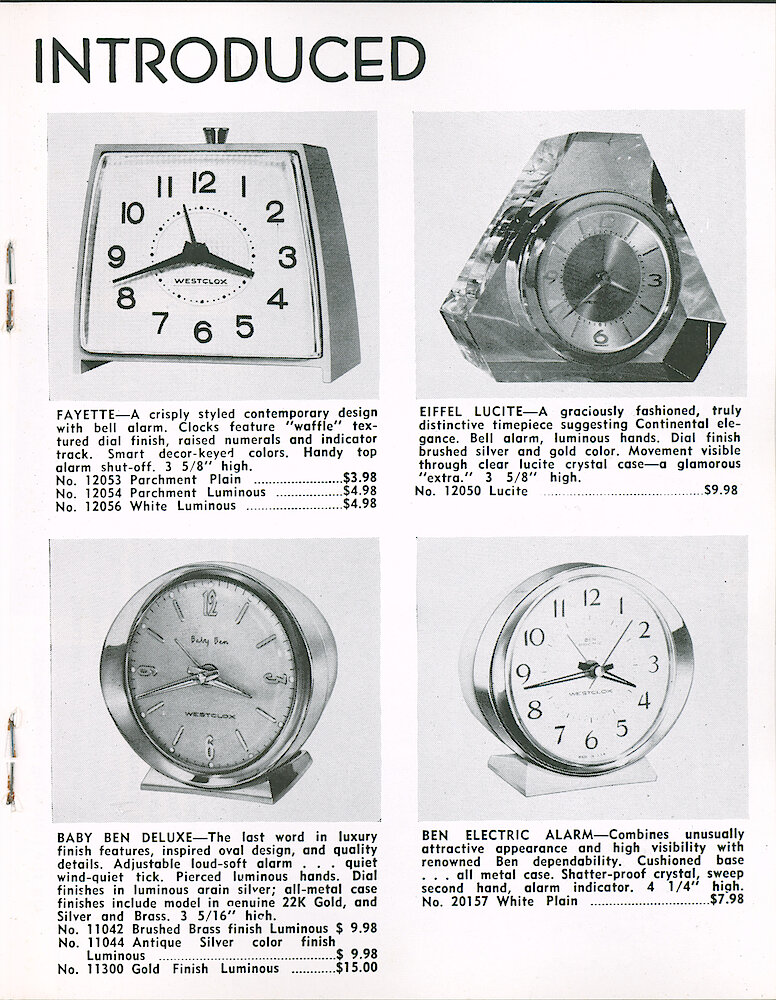 Westclox Tick Talk January-February 1965 > 21. New Models: Fayette Windup Alarm; Eiffel Lucite Alarm; Baby Ben Deluxe Brushed Brass, Gold, Silver; Ben Electric.