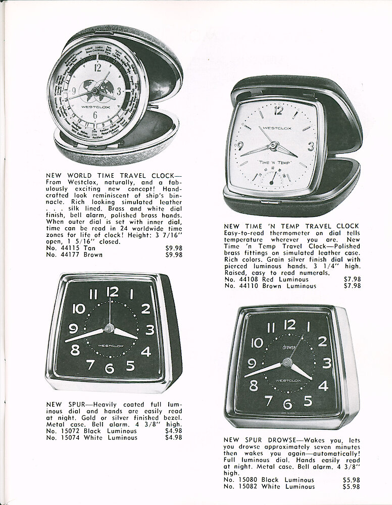 Westclox Tick Talk March 1965 > 3. New Models: World Time Travel Alarm; Time &039;N Temp Travel Clock; Spur (Style 3); Spur Drowse (Style 3).