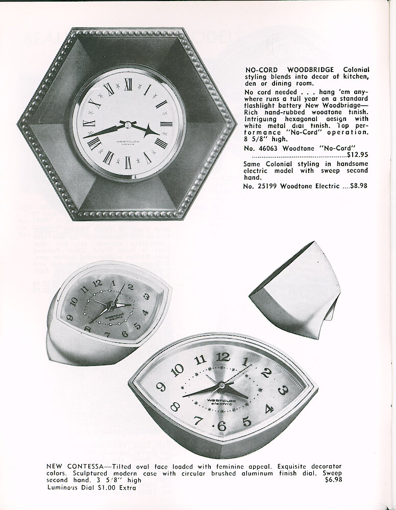 Westclox Tick Talk March 1965 > 4. New Models: Woodbriar No-cord Wall Clock; Contessa Tilted Oval (eye-shaped) Electric Alarm Clock.