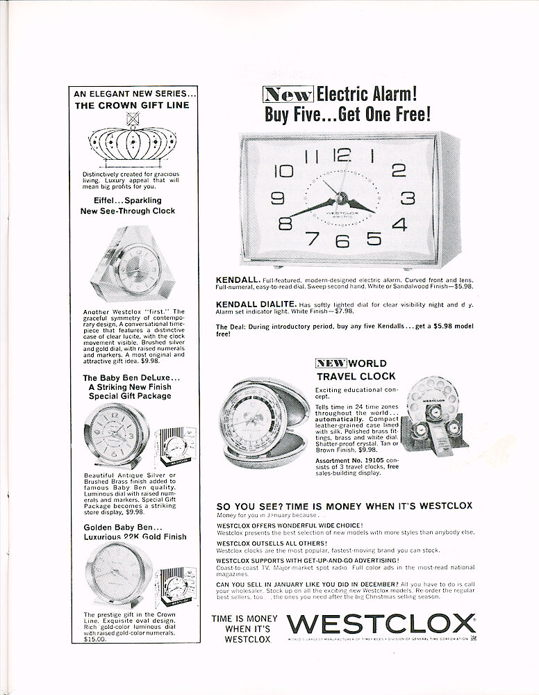 Westclox Tick Talk March 1965 > 9. Advertisement: Second Page Of Two Page Ad In Recent Issues Of Jeweler&039;s Circular Keystone. Shows Crown Line Clocks Eiffel Lucite And Baby Ben Deluxe; Kendall Electric Alarm; World Time Travel Clock.