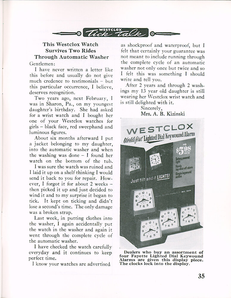 Westclox Tick Talk March 1965 > 35. Marketing: Display Of Fayette Lighted Dial Keywound Alarms.