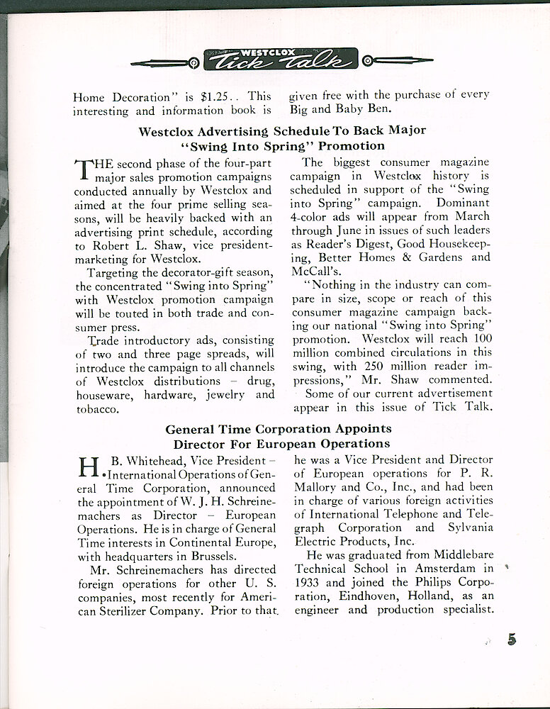 Westclox Tick Talk April 1965 > 5. Marketing: "Clocks In Home Decoration" By Westclox. Price $1.25. MARKETING: "Westclox Advertising Schedule To Back Major "Swing Into Spring" Promotion"