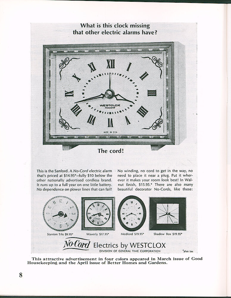 Westclox Tick Talk April 1965 > 8. Advertisement: Ad For No-cord Clocks That Appeared In March Good Housekeeping And April Better Homes And Gardens.