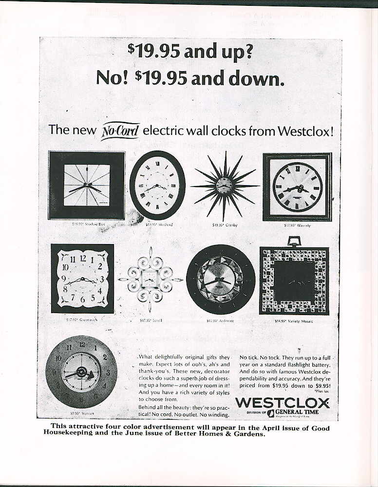 Westclox Tick Talk April 1965 > 12. Advertisement: Ad For No-cord Clocks To Appear In April Good Housekeeping And June Better Homes And Gardens.