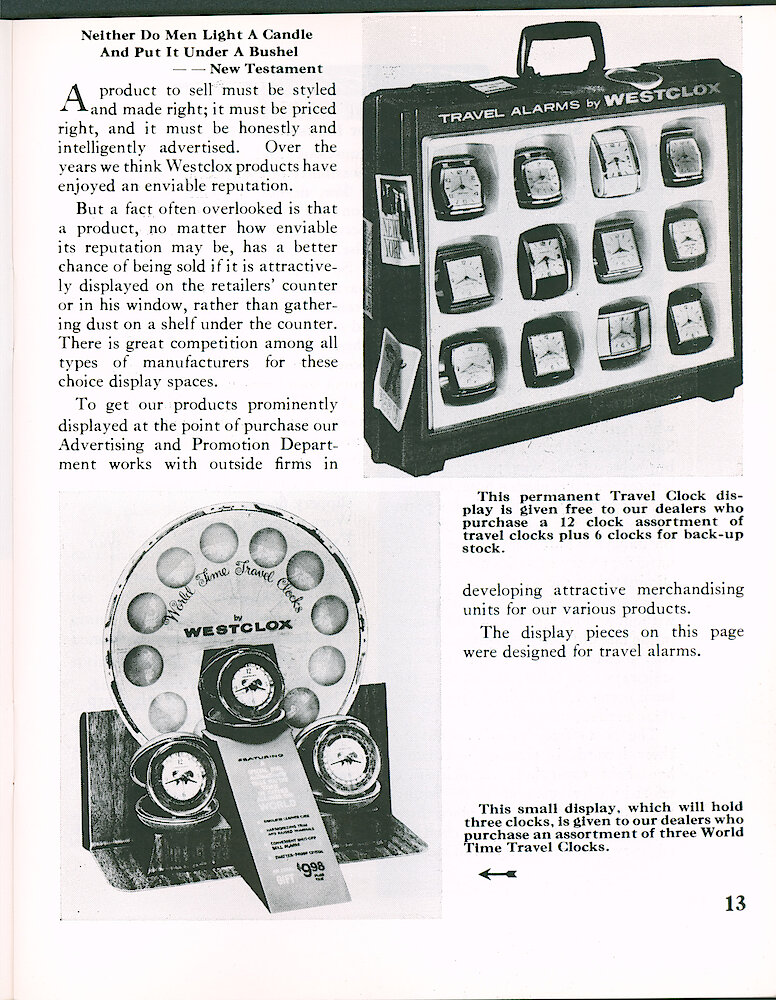 Westclox Tick Talk April 1965 > 13. Marketing: A Travel Clock Display And World Time Travel Clock Display.