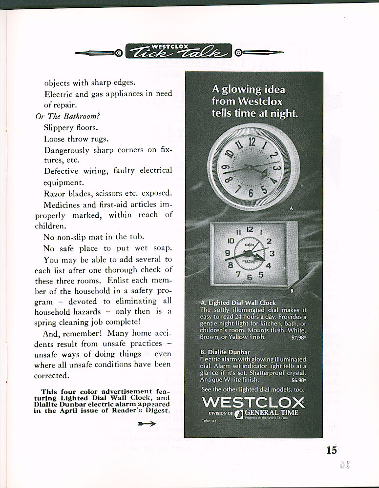 Westclox Tick Talk April 1965 > 15. Advertisement: Ad For Lighted Dial Wall Clock And Dialite Dunbar Alarm. April Issue Of Reader&039;s Digest.