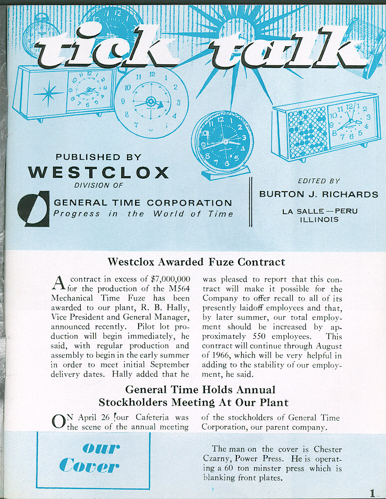 Westclox Tick Talk May 1965 > 1. Cover Caption: "The Man On The Cover Is Chester Czarny, Power Press. He Is Operating A 60 Ton Minster Press, Which Is Blanking Front Plates."