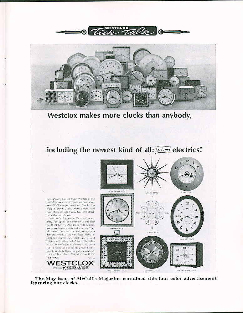 Westclox Tick Talk May 1965 > 13. Advertisement: "Westclox Makes More Clocks Than Anybody, Including The Newest Kind Of All, No-Cord Electrics." This Ad Appeared In Full Color In May 1965 McCall&039;s.