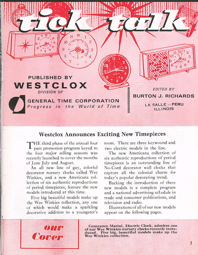 Westclox Tick Talk June 1965 > 1. Cover Caption: "Constance Marini, Electric Clock, Admires One Of Our Wee Winkies Nursery Clocks Recently Introduced. Five Big, Beautiful Models Make Up The Wee Winkies Collection."  NEW MODELS: Westclox Announces Exciting New Models" Wee WInkies And Americana Collection, Shown On The Following Pages.