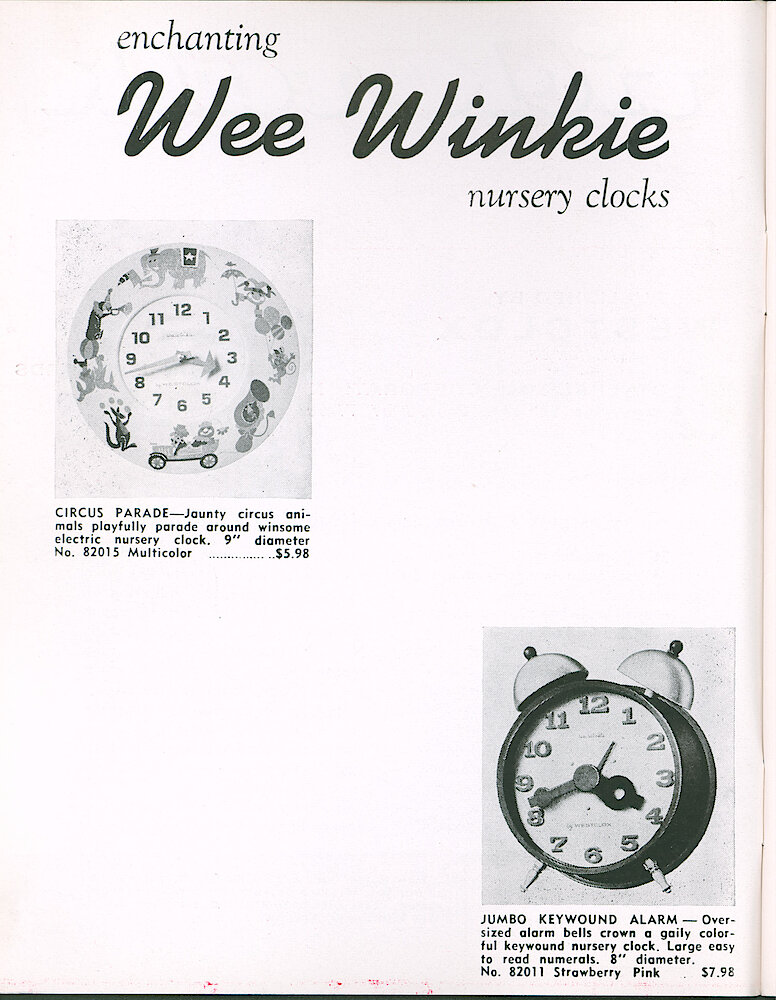 Westclox Tick Talk June 1965 > 2. New Models: Wee Winkie Nursery Clocks Circus Parade And Jumbo Keywound Alarm.