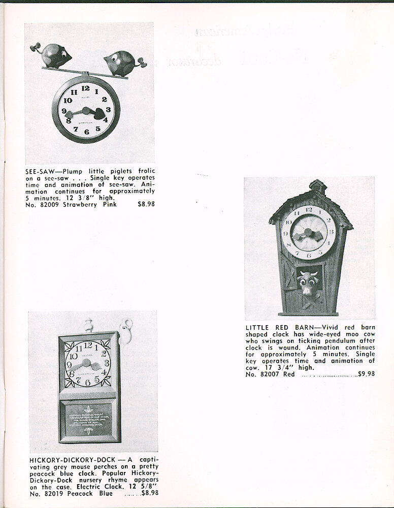 Westclox Tick Talk June 1965 > 3. New Models: Wee Winkie Nursery Clocks See-Saw, Little Red Barn And Hickory-Dickory-Dock.