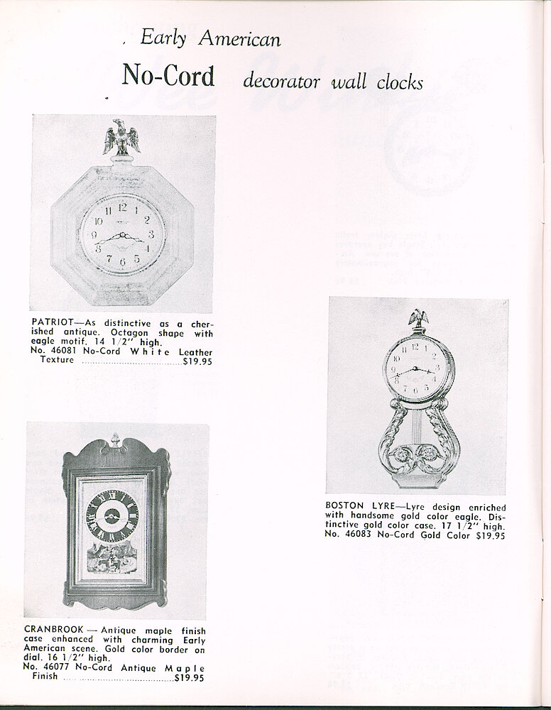 Westclox Tick Talk June 1965 > 4. New Models: Early American No-Cord Decorator Wall Clocks (Americana Collection) Models Patriot, Boston Lyre And Cranbrook.