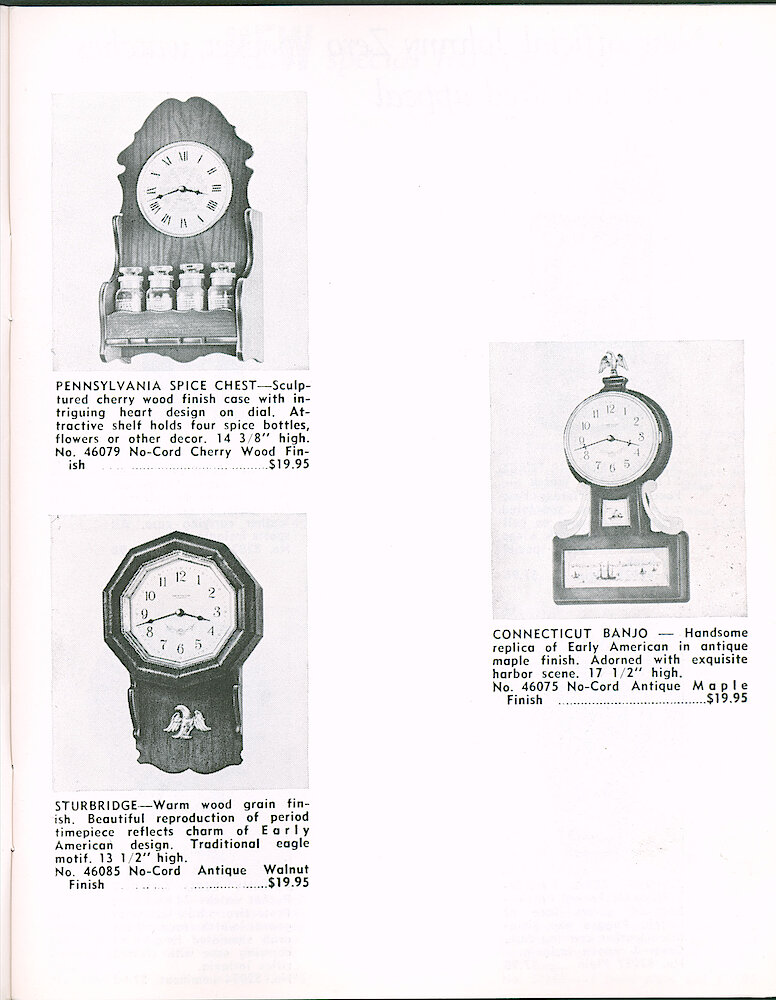 Westclox Tick Talk June 1965 > 5. New Models: Early American No-Cord Decorator Wall Clocks (Americana Collection) Models Pennsylvania Spice Chest, Connecticut Banjo And Sturbridge.