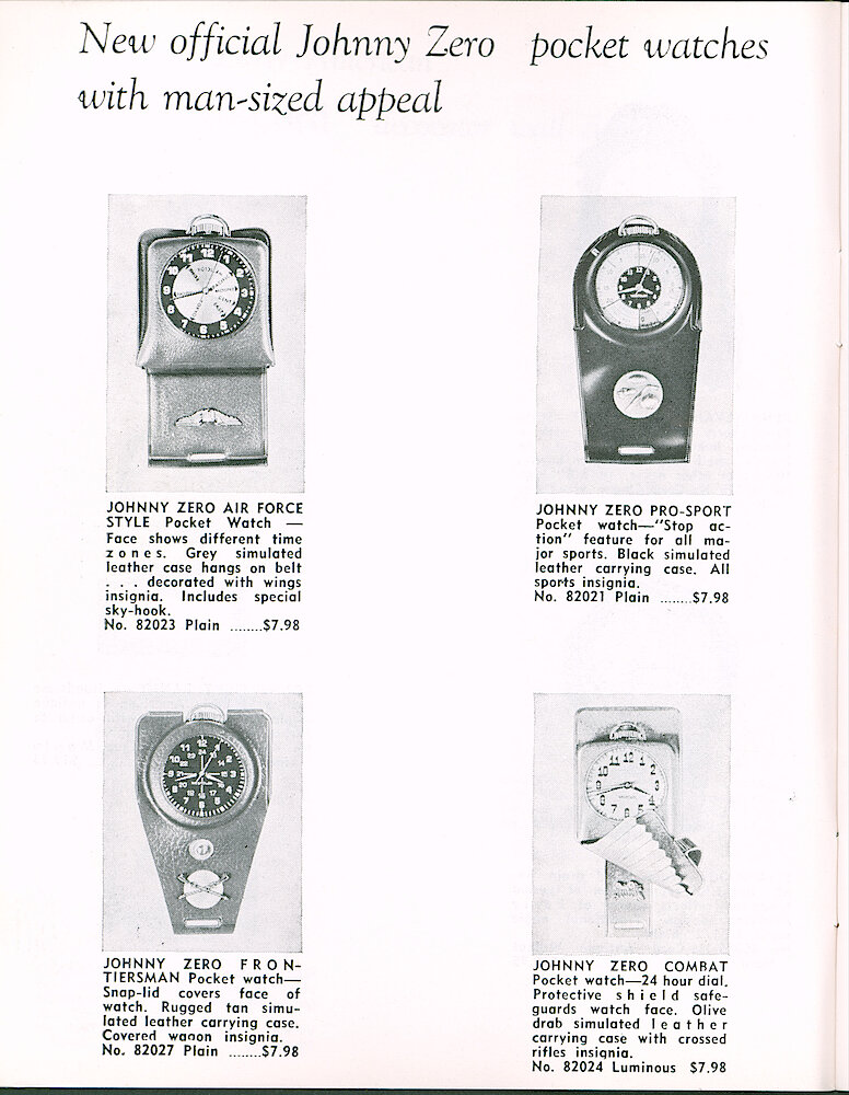 Westclox Tick Talk June 1965 > 6. New Models: Johnny Zero Pocket Watches: Johnny Zero Air Force Style, Johnny Zero Pro-Sport, Johnny Zero Frontiersman And Johnny Zero Combat Pocket Watches.