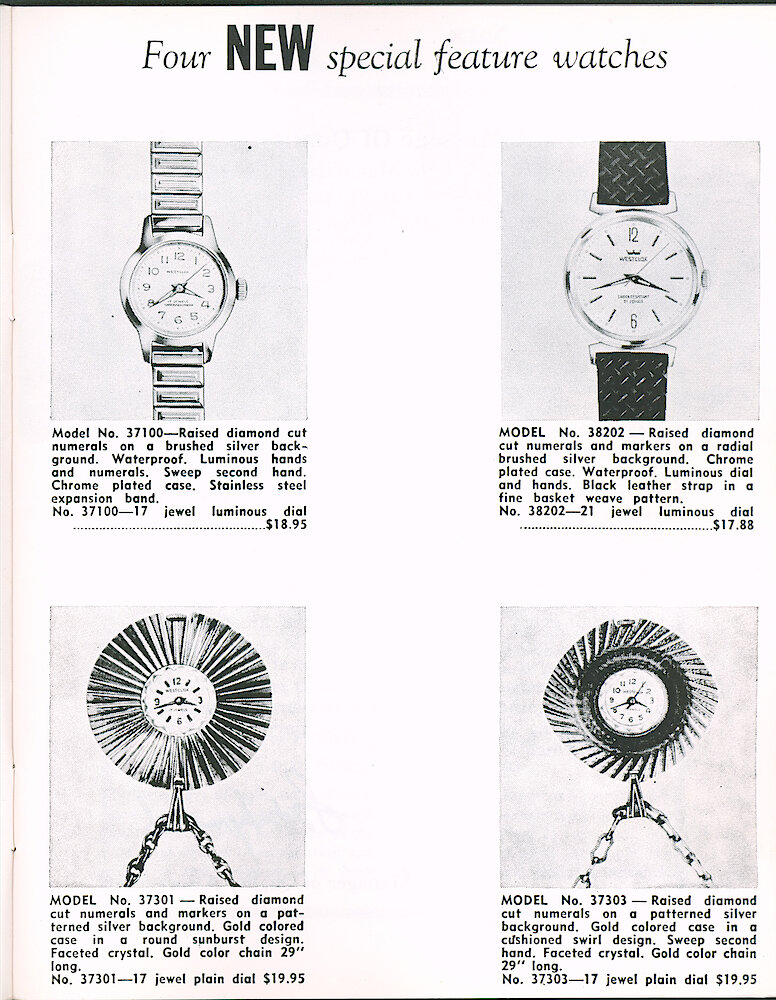 Westclox Tick Talk June 1965 > 7. New Models: Four New Special Feature Wrist Watches. Model 37100 Ladies Watch, 38202 Man&039;s Wrist Watch, And Models 37301 And 37303 On Chain.