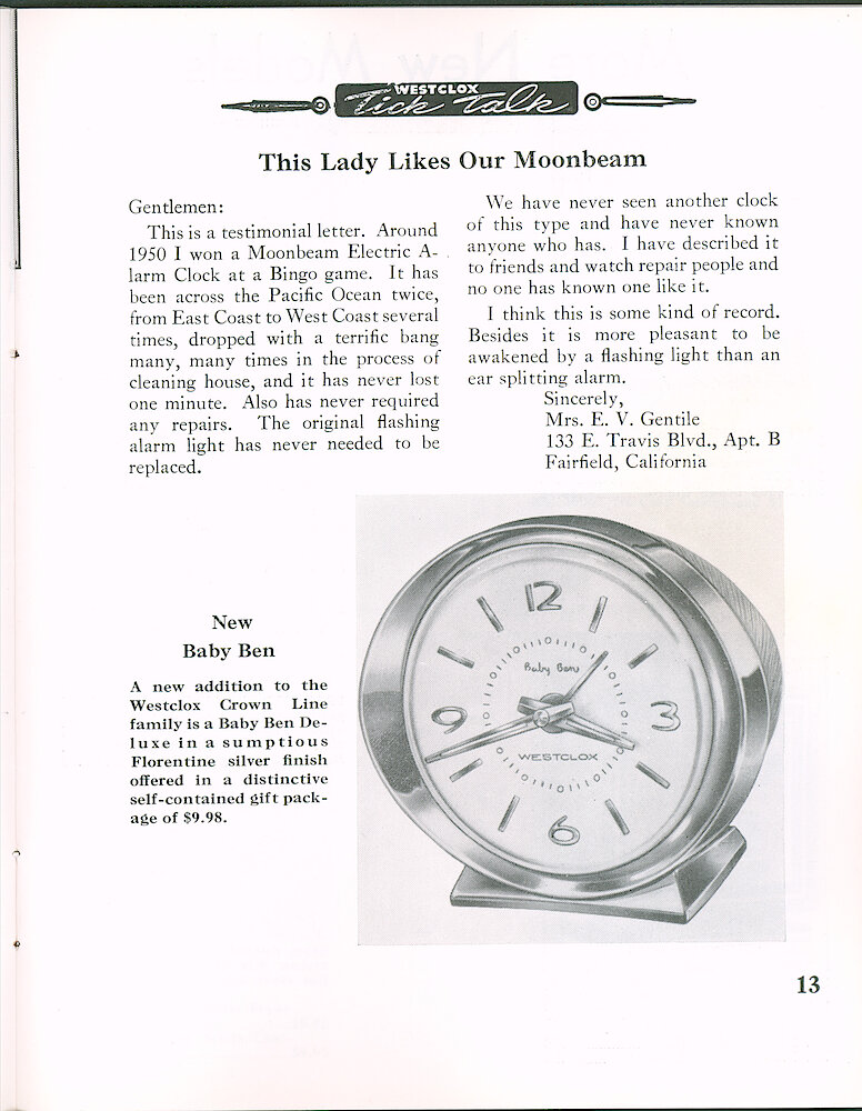 Westclox Tick Talk June 1965 > 13. New Model: Crown Line Baby Ben (Style 8) Florentine Silver Finish.