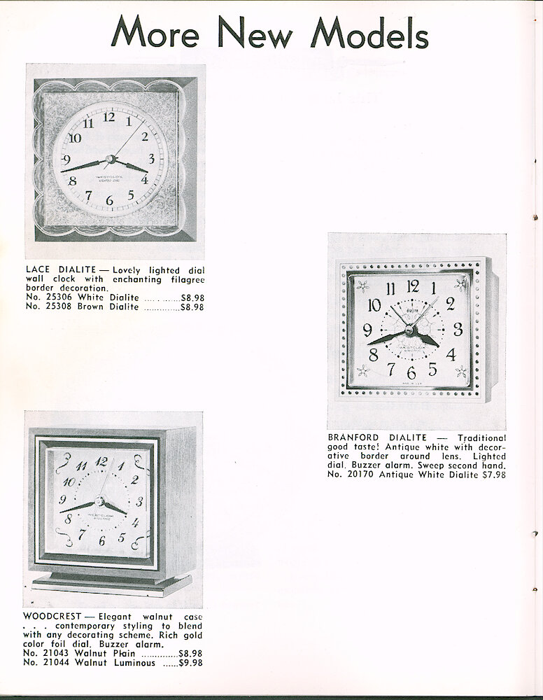 Westclox Tick Talk June 1965 > 14. New Models: Lace Dialite Electric Wall Clock, Branford Dialite Electric Alarm Clock, Woodcrest Electric Alarm Clock.