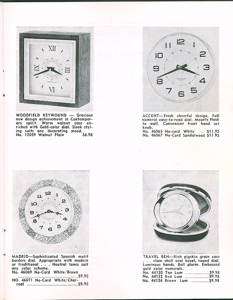 Westclox Tick Talk June 1965 > 15. New Models: Woodfield Keywound Alarm Clock, Accent Flush-mount No-cord Wall Clock, Madrid No-cord Wall Clock, Travel Ben Travel Alarm Clock.