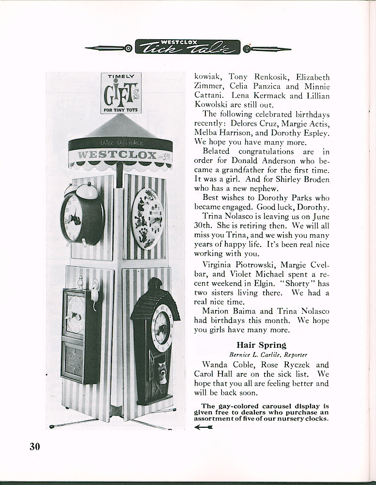 Westclox Tick Talk June 1965 > 30. Marketing: Carousel Display For Wee Winkie Nursery Clocks.