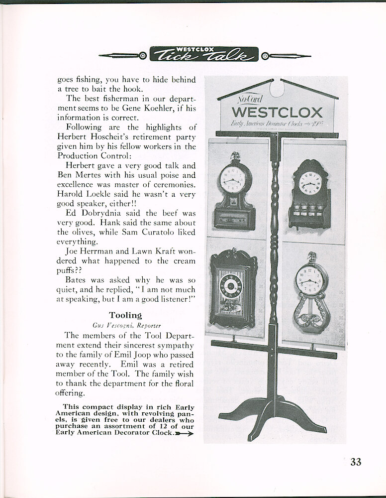 Westclox Tick Talk June 1965 > 33. Marketing: Display Of Early American Decorator Clocks.