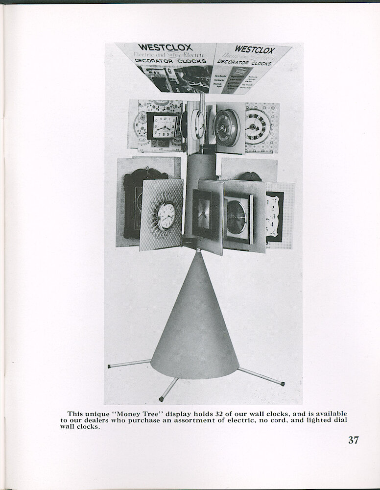 Westclox Tick Talk June 1965 > 37. Marketing: "Money Tree" Display Holds 32 Wall Clocks.