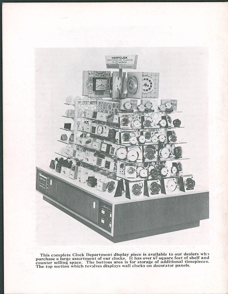 Westclox Tick Talk June 1965 > B. Marketing: "This Complete Clock Department Display Is Available To Our Dealers Who Purchase A Large Assortment Of Our Clocks. It Has Over 67 Square Feet Of Shelf And Counter  Selling Space. The Bottom Area Is For Storage Of Additional Timepieces. The Top Section Which Revolves Displays Wall Clocks On Decorator Panels."