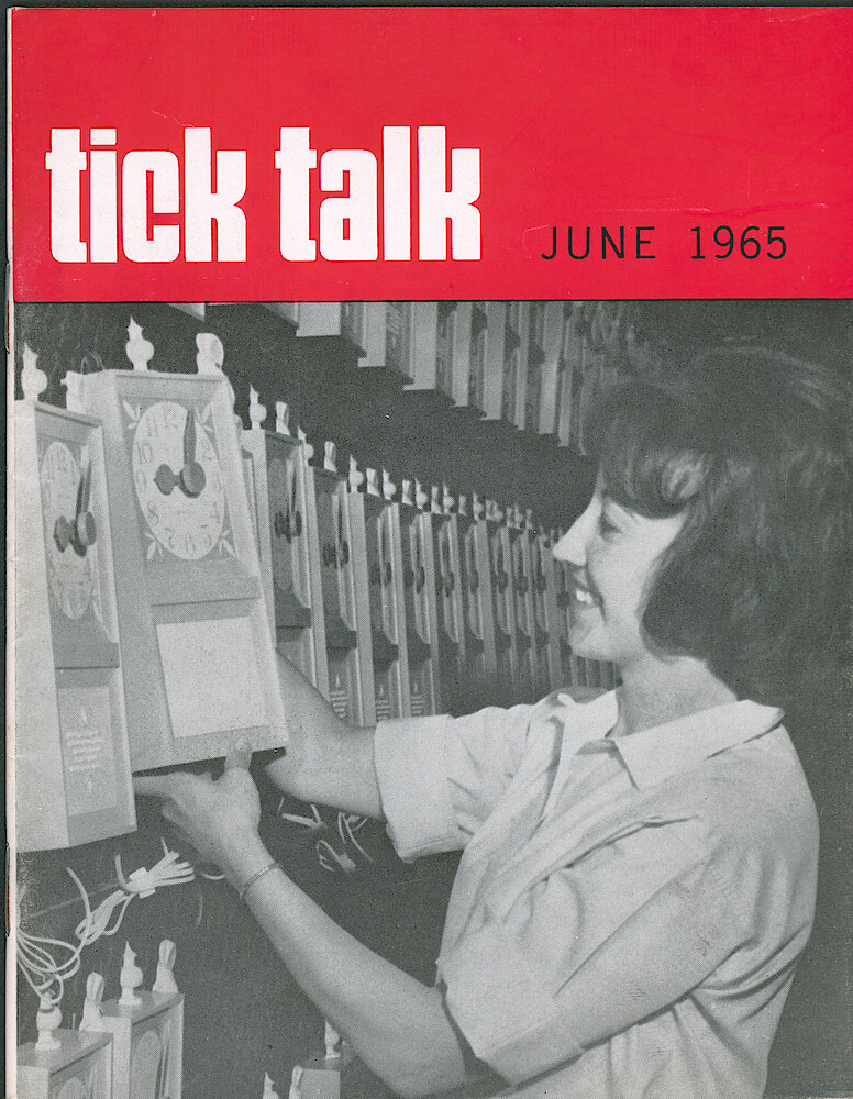 Westclox Tick Talk June 1965 > F. Manufacturing: "Constance Marini, Electric Clock, Admires One Of Our Wee Winkies Nursery Clocks Recently Introduced. Five Big, Beautiful Models Make Up The Wee Winkies Collection." Caption On Page 1.