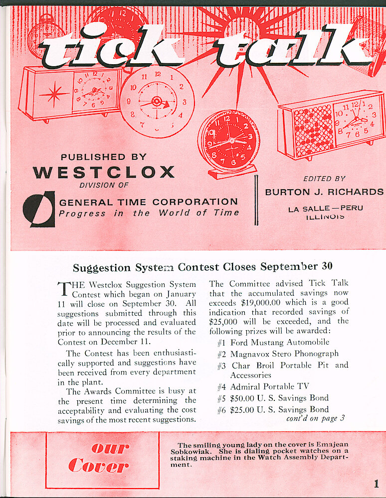 Westclox Tick Talk August 1965 > 1. Cover Caption:  "The Smiling Young Lady On The Cover Is Emajean Sobkowiak. She Is Dialing Pocket Watches On A Staking Machine In The Watch Assembly Department." PERSONNEL: "Suggestion System Contest Closes September 30." Top Prize Will Be A Ford Mustang.