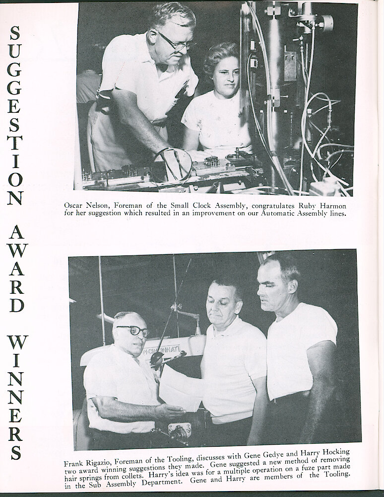 Westclox Tick Talk August 1965 > 2. Personnel: "Suggestion System Contest Closes September 30." Ruby Hermann Gene Gedye And Harry Hocking Gave Suggestions.