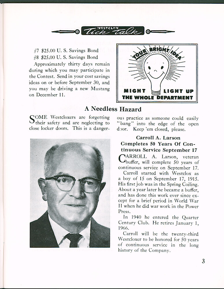 Westclox Tick Talk August 1965 > 3. Personnel: "Suggestion System Contest Closes September 30."