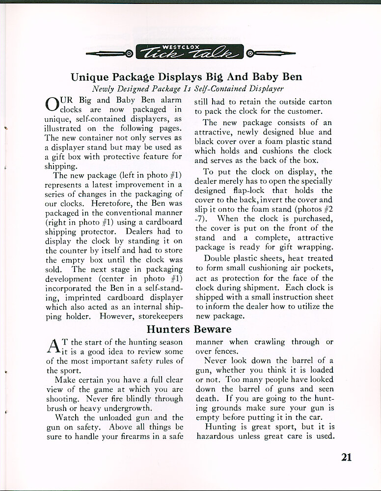 Westclox Tick Talk August 1965 > 21. Marketing: "Unique Package Displays Big Ben And Baby Ben" The New Package Serves A Gift Box And Display Stand. See Pages 22 And 23 For Pictures.