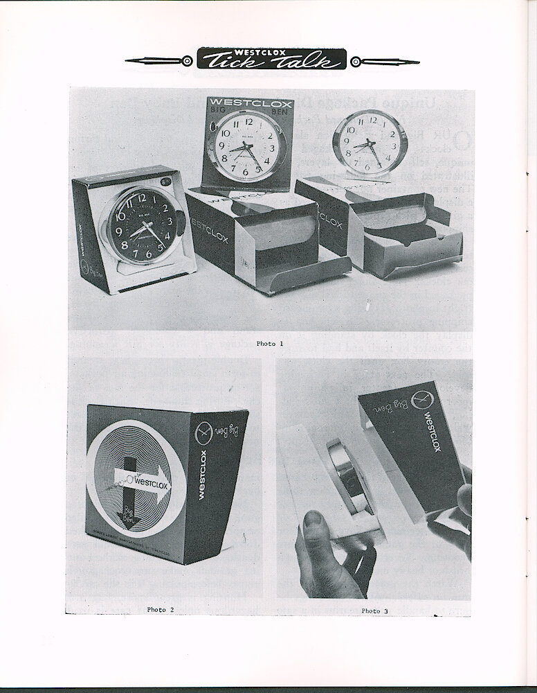 Westclox Tick Talk August 1965 > 22. Marketing: "Unique Package Displays Big Ben And Baby Ben" The New Package Serves A Gift Box And Display Stand. See Page 21 For Article.